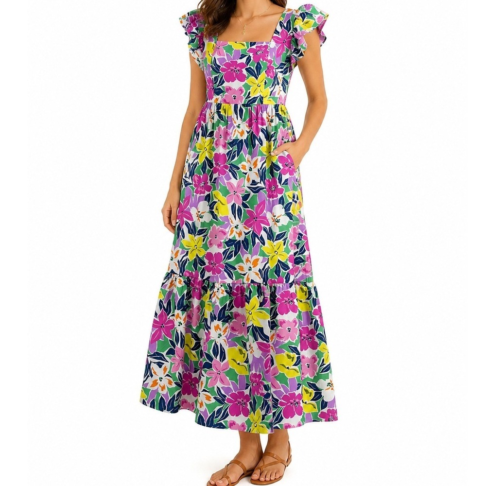 *NWT* Dress Up Floral Maxi Dress Womens Large Multi Color Open Back‎ Tie Ruffle